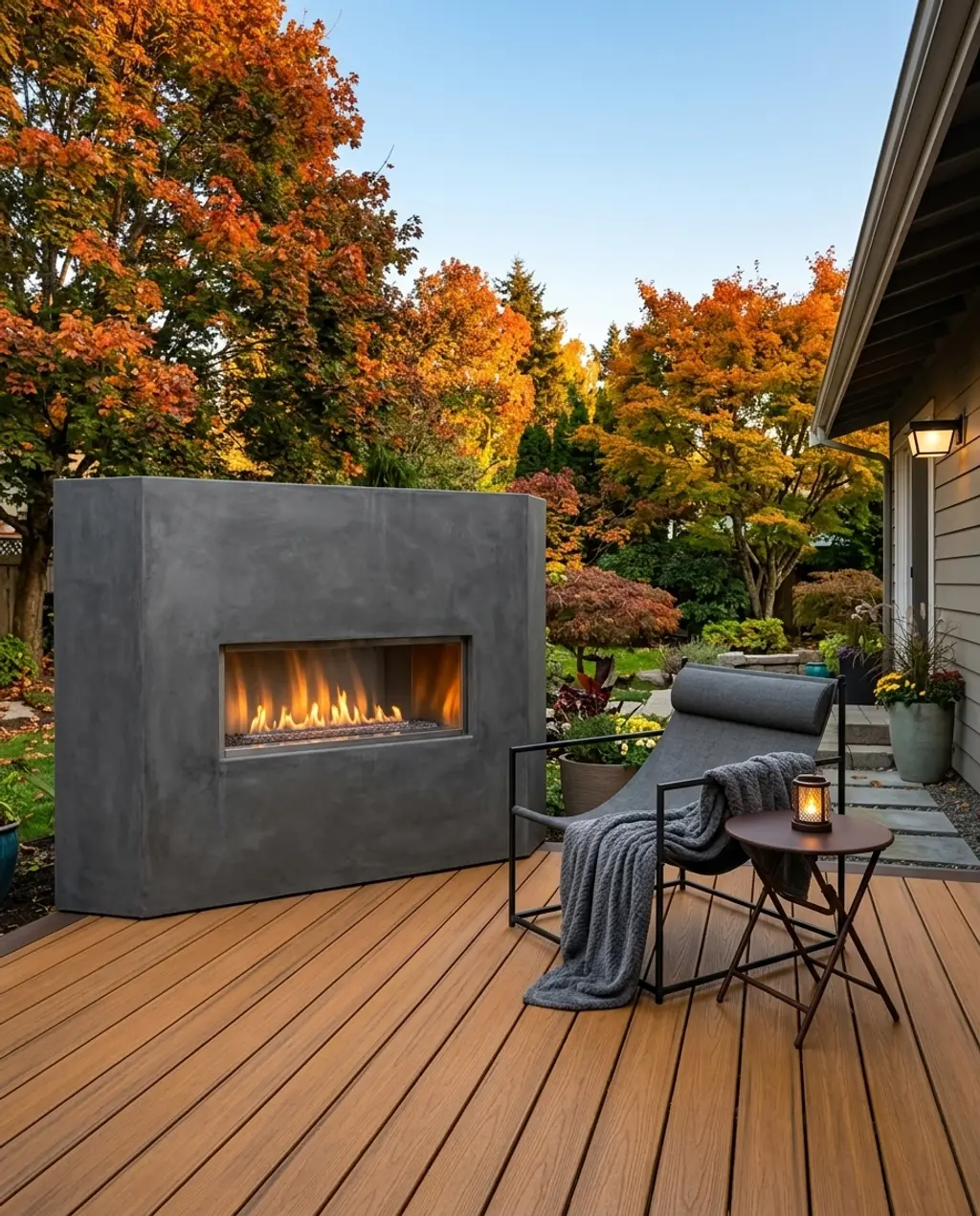 Contemporary Corner Fireplace with Clean Lines on a Deck — Budget Version