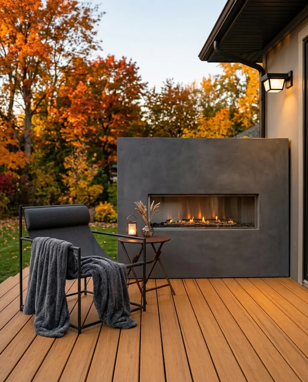 Contemporary Corner Fireplace with Clean Lines on a Deck — Luxury Version