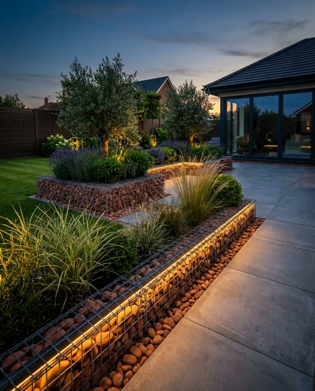 Modern Gabion Raised Beds with Integrated Lighting