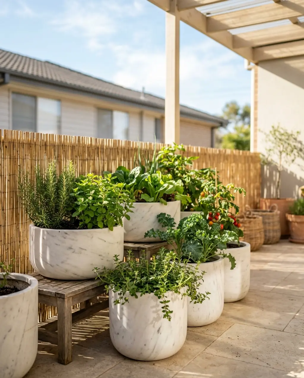 Zen-Inspired Balcony Vegetable Garden with Stone Planters
