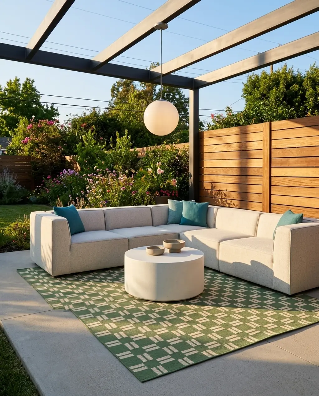 Modern Globe Lights Suspended Over Outdoor Lounge — Luxury Version