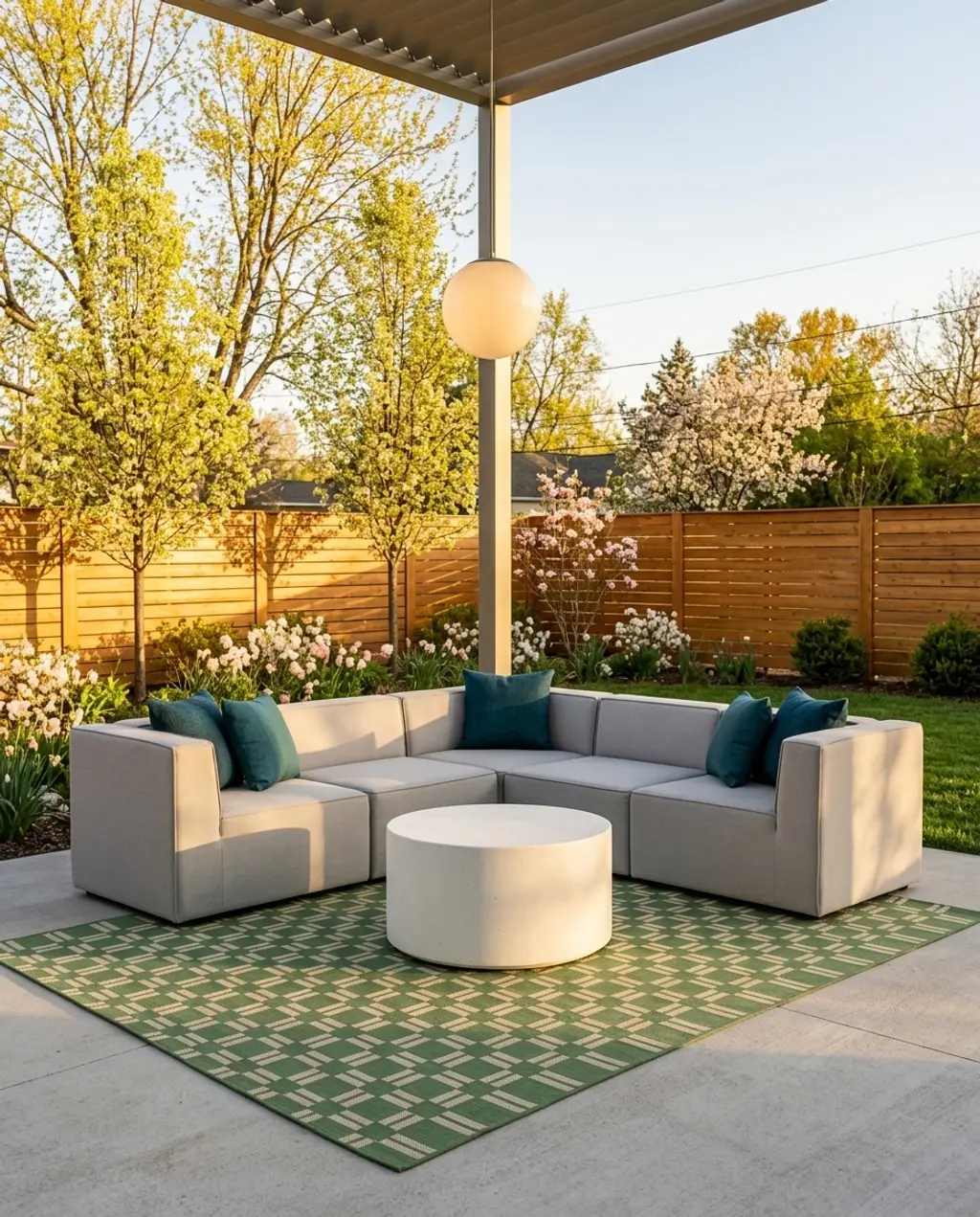 Modern Globe Lights Suspended Over Outdoor Lounge — Budget Version