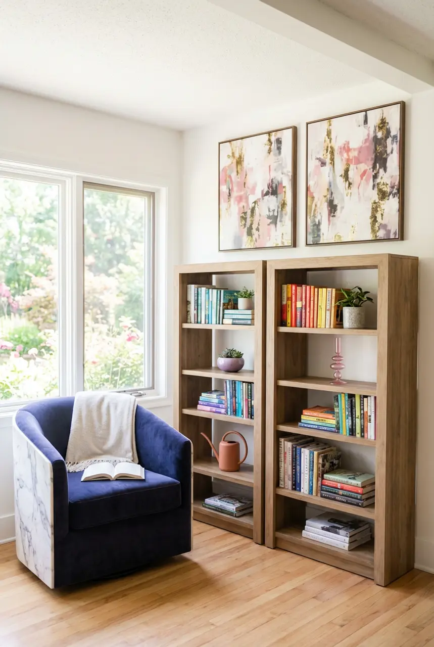 Aesthetic Spring Living Room with Curated Bookshelf Decor