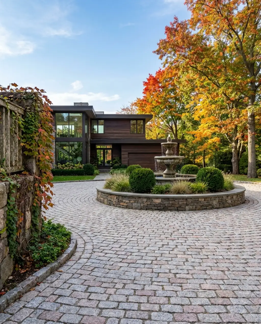 Cobblestone Courtyard Driveway with Central Feature