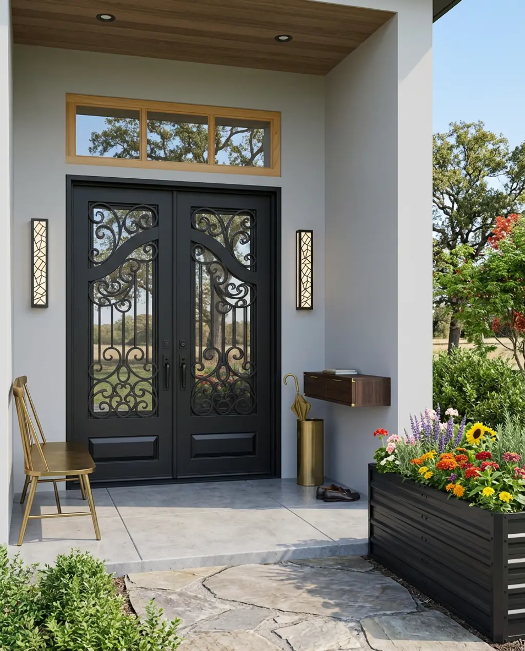 Glass Panel Front Door with Modern Transom Window