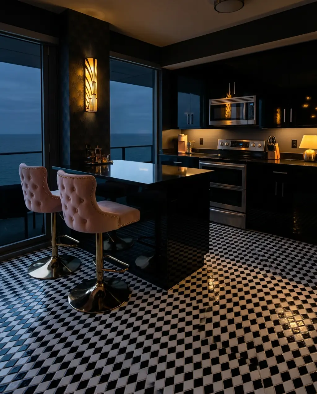 Art Deco Inspired Black and White Diamond Tile Kitchen