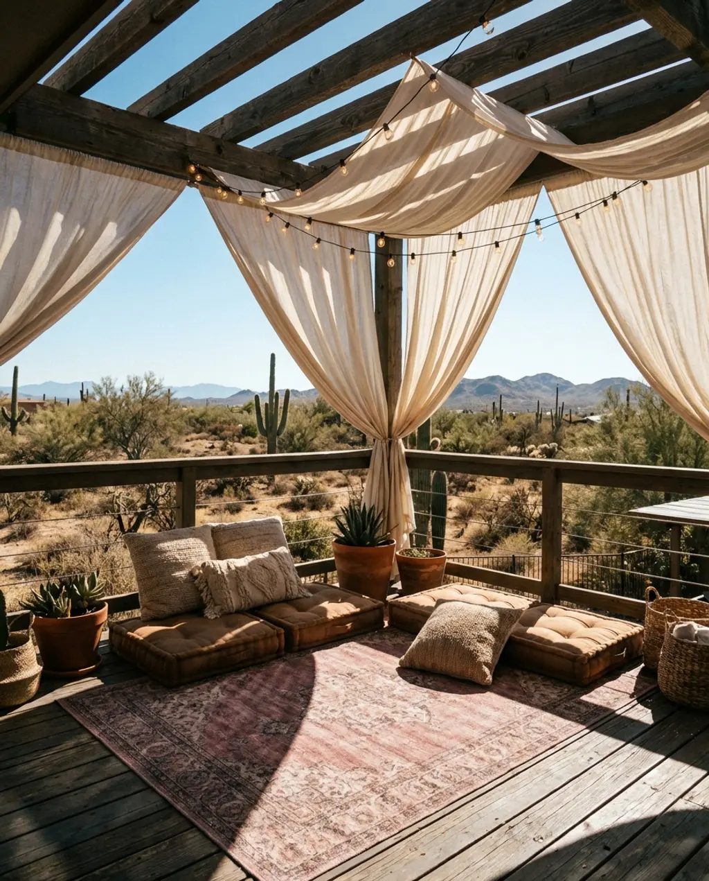 Bohemian Apartment Balcony with Floor Cushions & Canopy