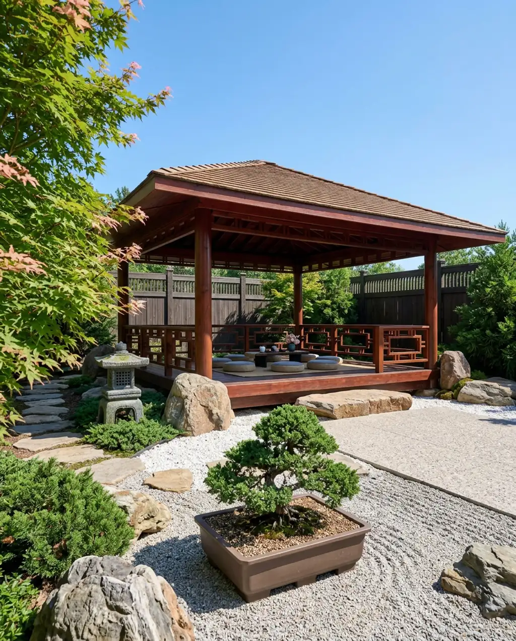 Zen Garden with Pavilion and Tea Ceremony Area