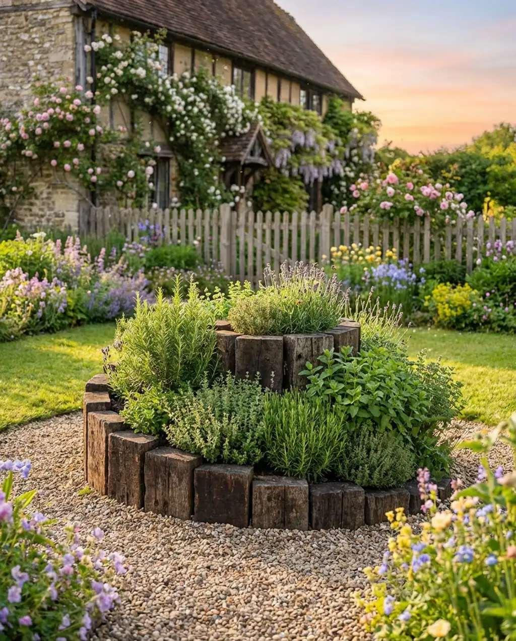 Aromatic Herb Spiral within a Cottage Garden