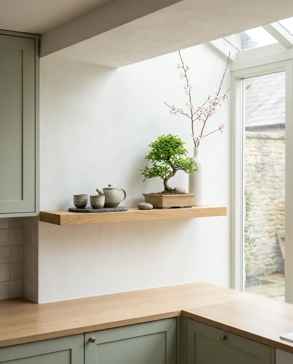 Japanese Inspired Spring Kitchen Shelf with Bonsai