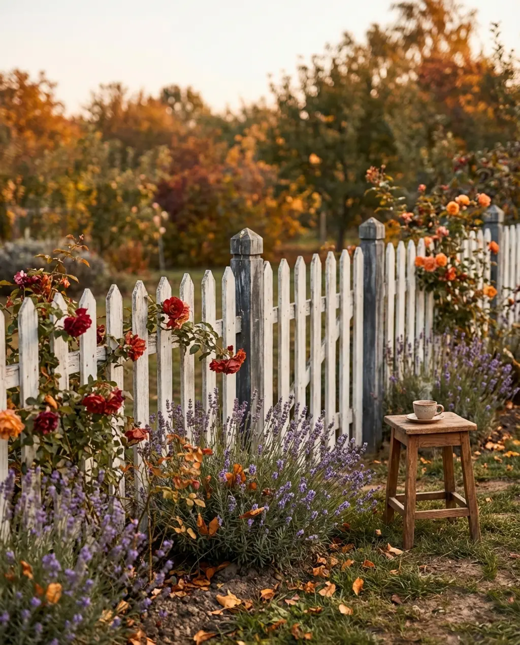 French Country Picket Fence with Lavender & Rose Bushes
