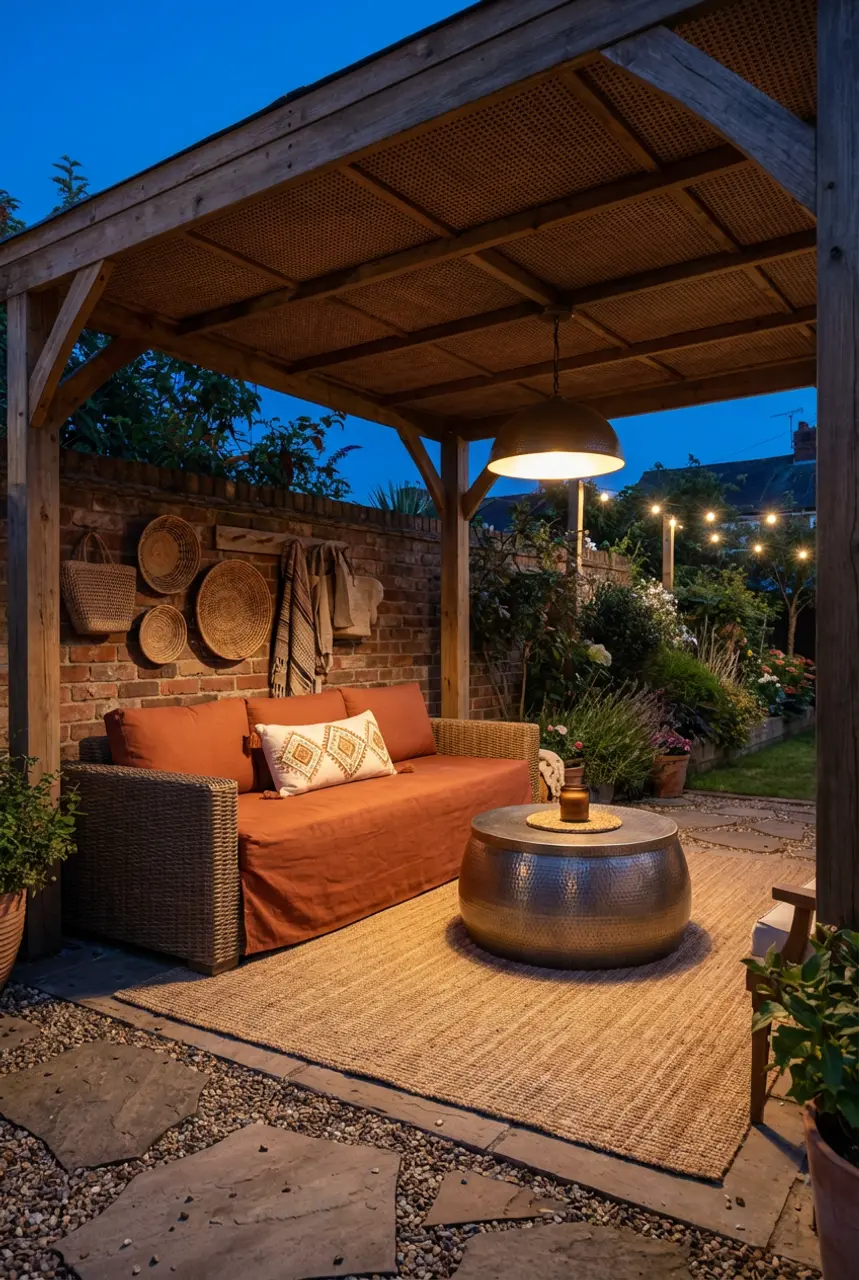 Eclectic Covered BBQ Area with Global Textiles