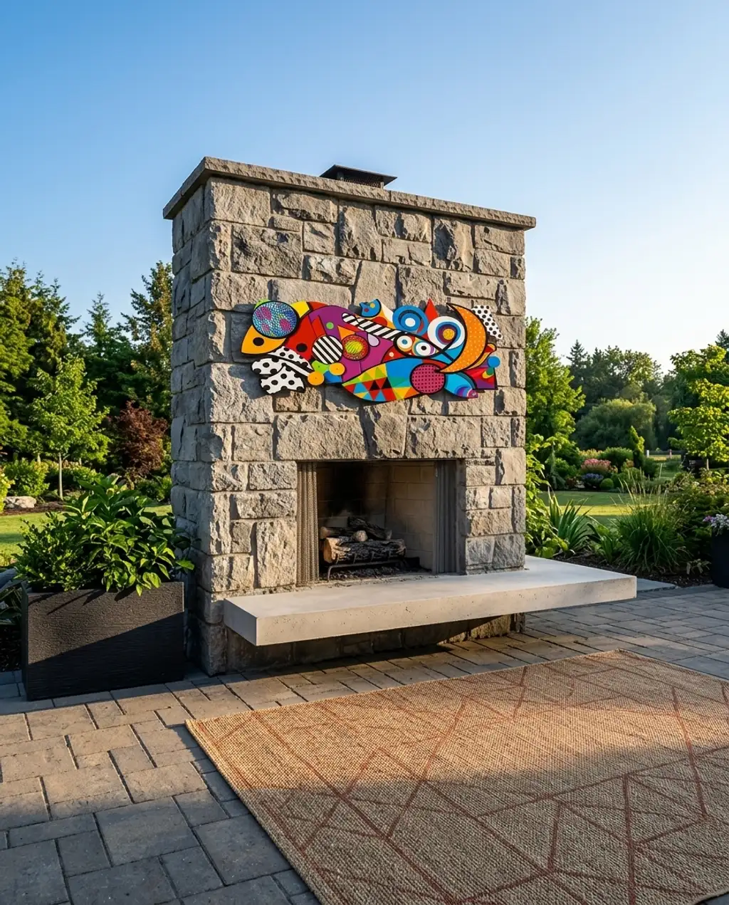 Contemporary Stone Fireplace with Floating Concrete Bench