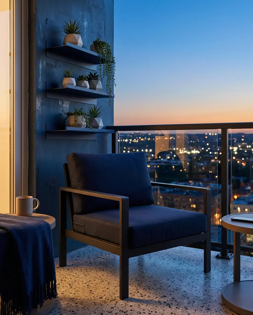 Sleek Modern Balcony with Floating Shelves for Plants