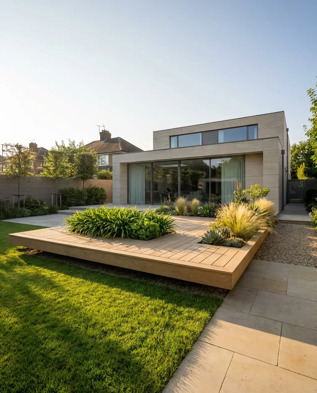 Floating Deck with Integrated Planters for a Modern Small Garden
