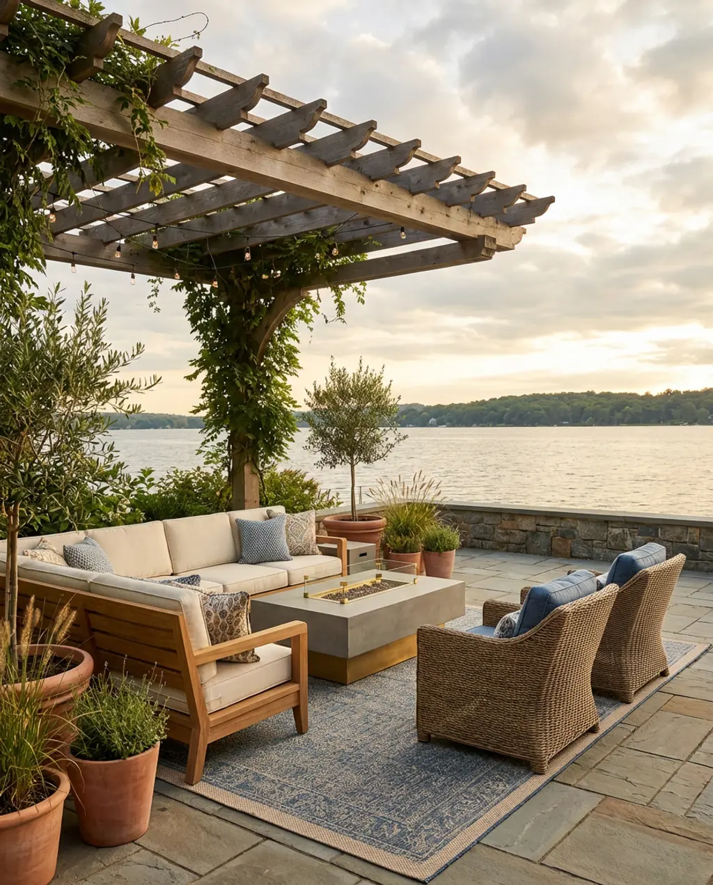 Transitional Outdoor Living Room with Water Views