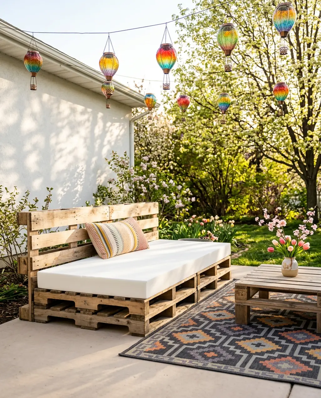 Playful Small Patio with DIY Pallet Seating and Colorful Accents