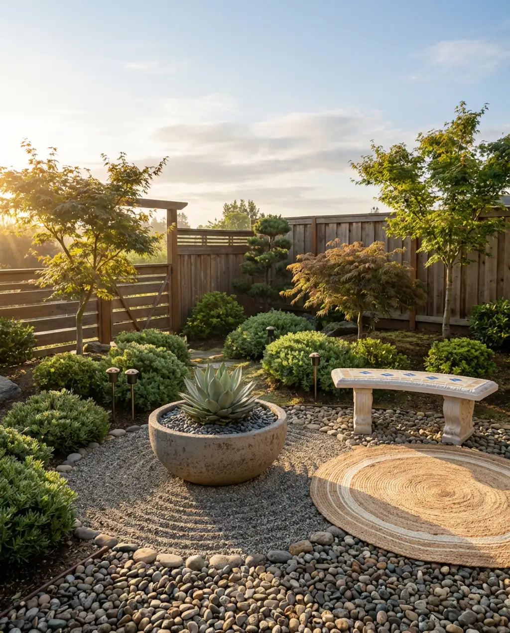 Zen Garden with Circular Elements and Pebbles