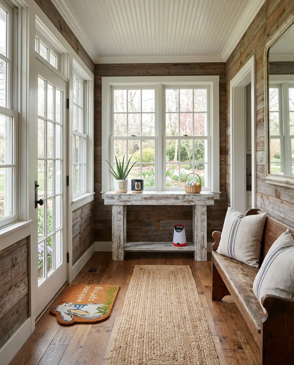 Farmhouse Easter entryway with Bunny Welcome Mat