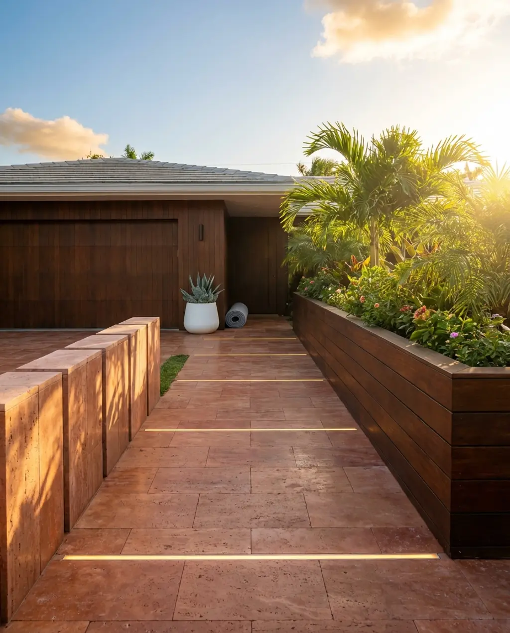 Modern Driveway with Integrated LED Strips and Wood Accents