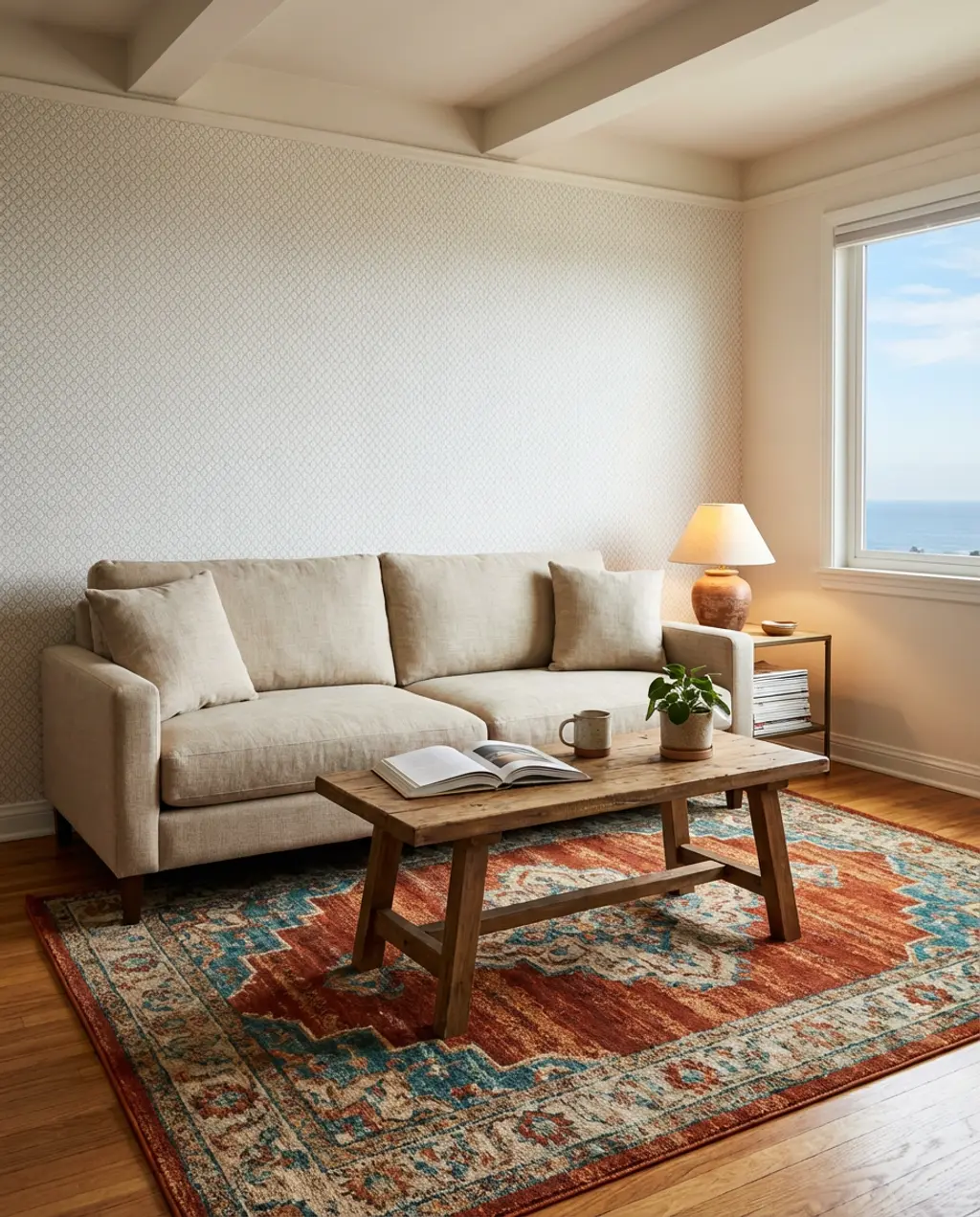 Budget-Friendly Rental Apartment Living Room with Bold Rug — Luxury Version