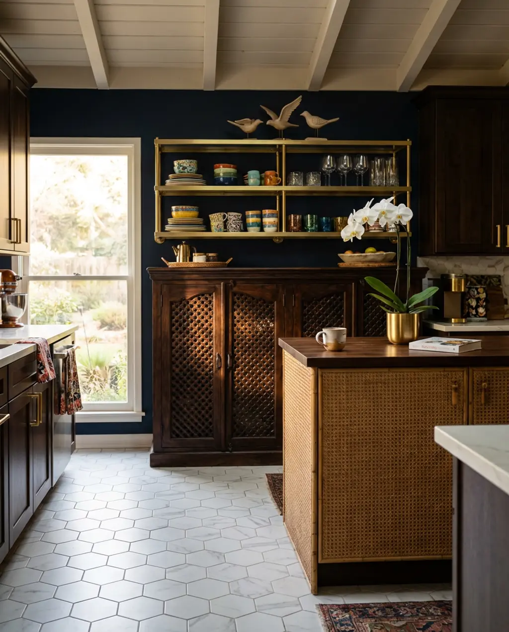 Dark Wood Kitchen with Brass Shelving and Patterned Flooring