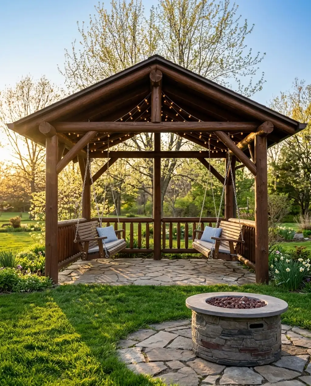 Rustic Wood Gazebo with Built-in Swings