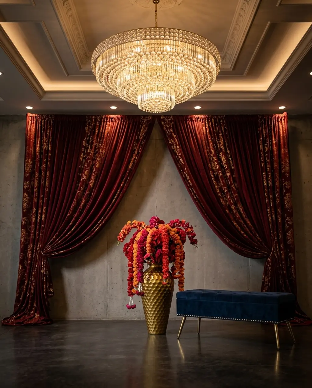 Opulent Indian Wedding Stage with Draping & Florals