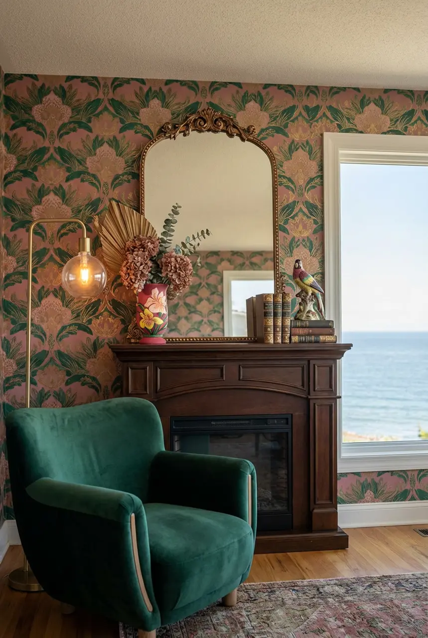 Grand Millennial Mantle with Bold Wallpaper and Eclectic Finds 2026