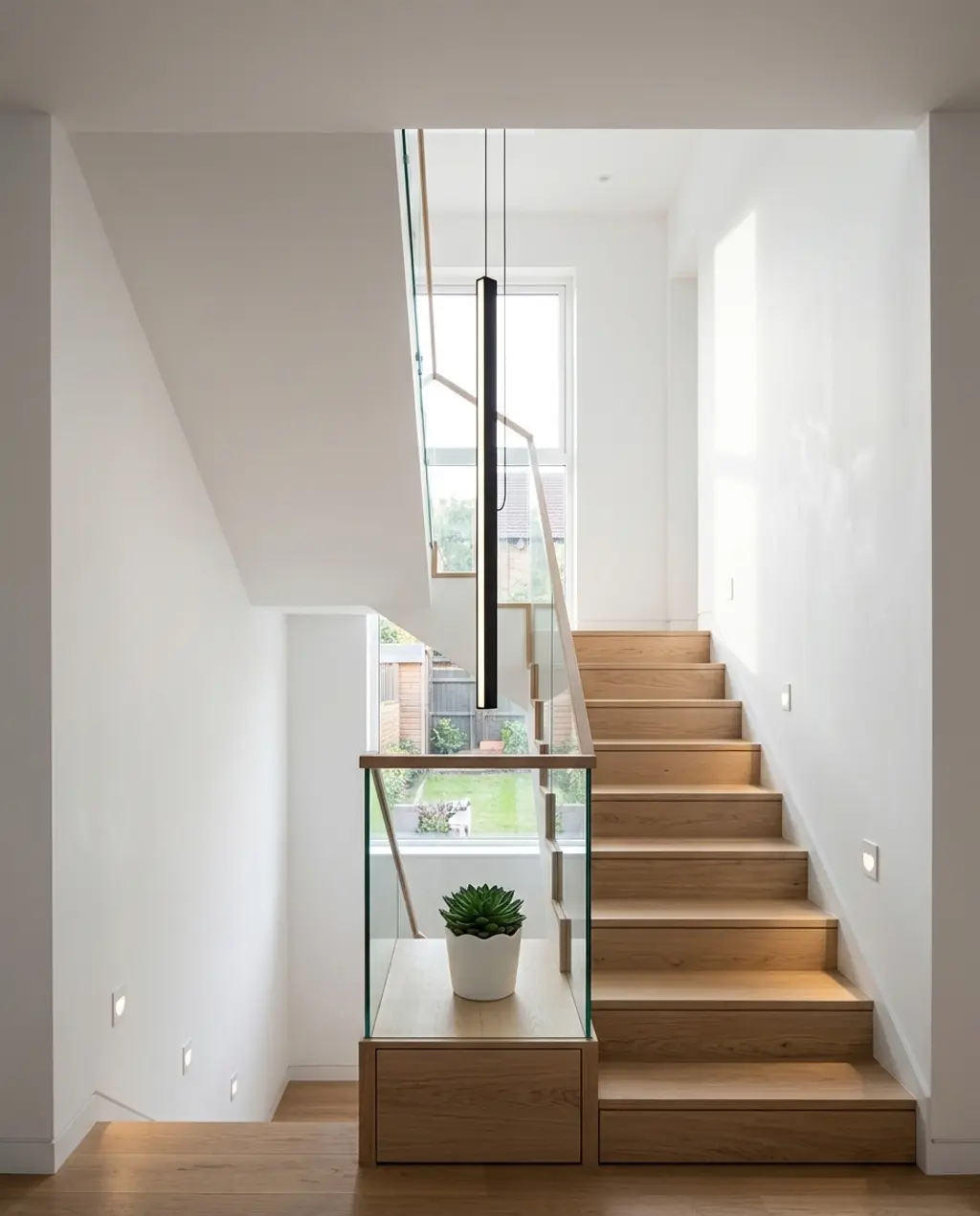 Sleek Enclosed Staircase with Integrated Storage and Lighting