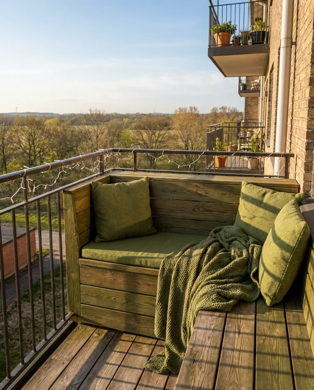 Cozy Apartment Balcony with Built-in Bench Seating