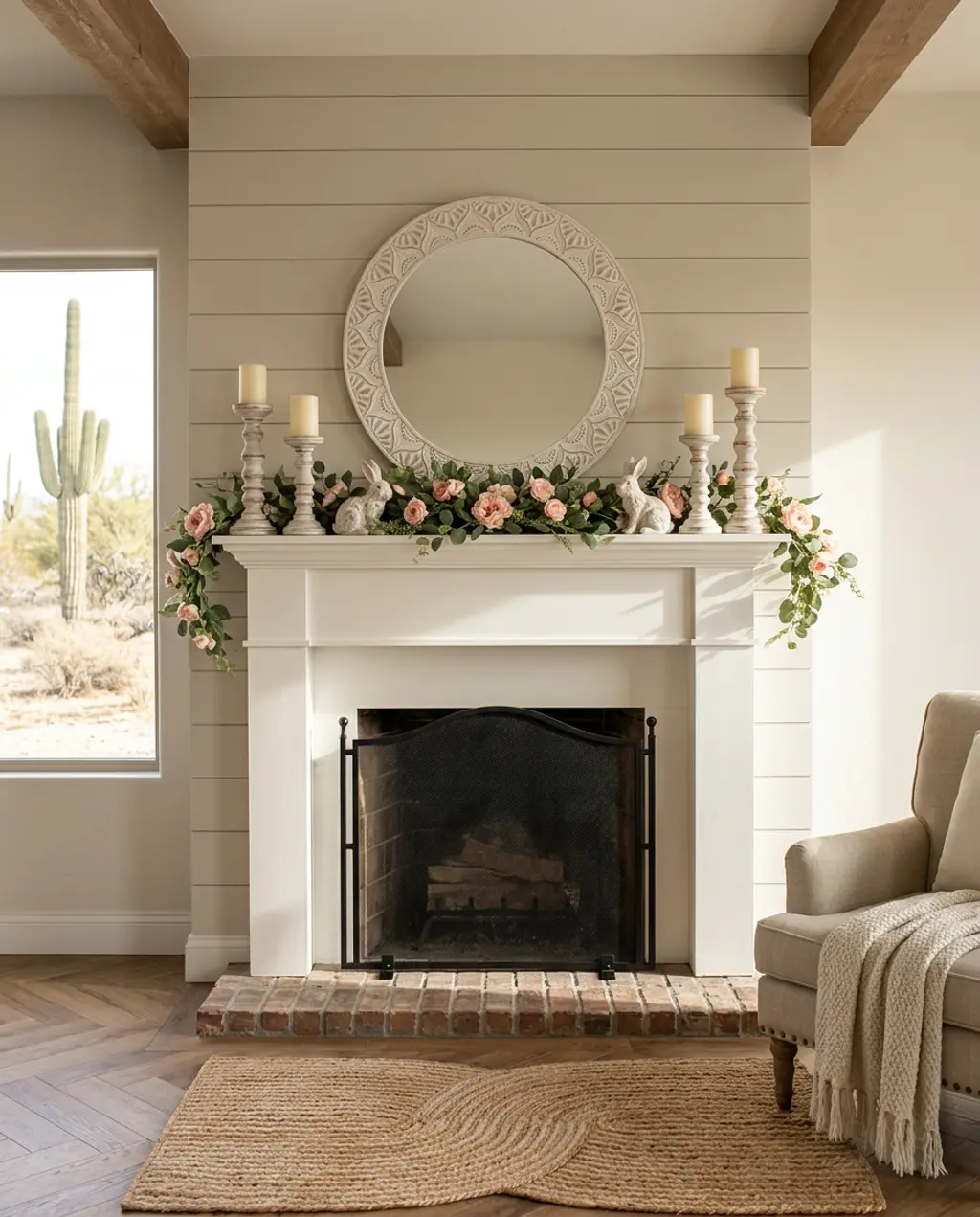 Cozy Farmhouse Easter Living Room Mantel Display
