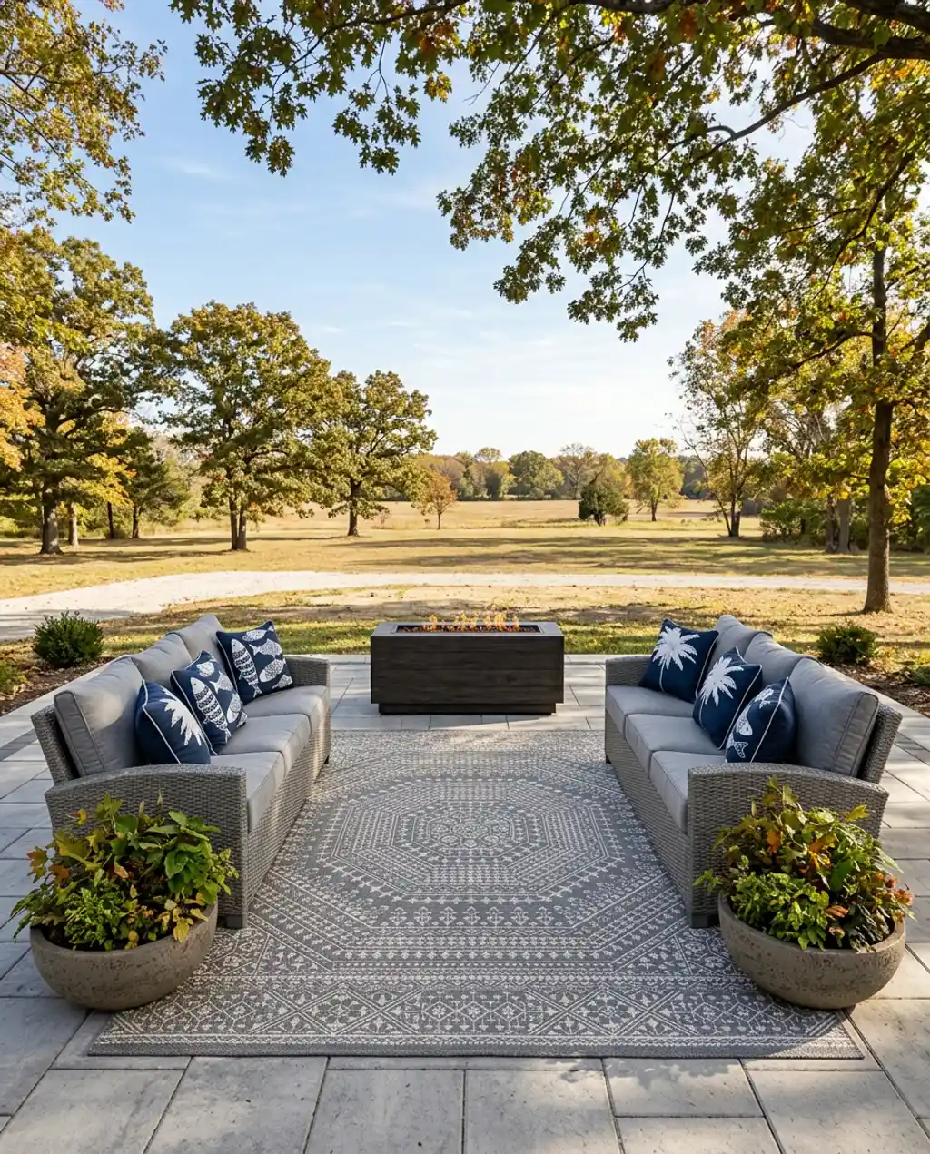 Grand Patio Layout with Multiple Gray Seating Zones and Fire Pit