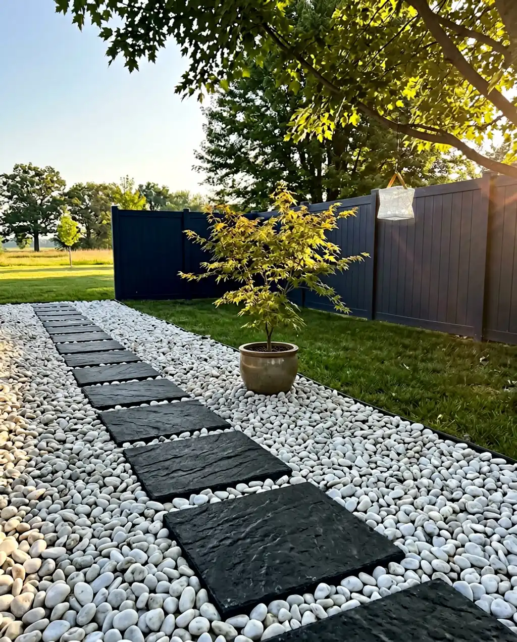 DIY Black Pavers with White Rocks for a Zen Side Path