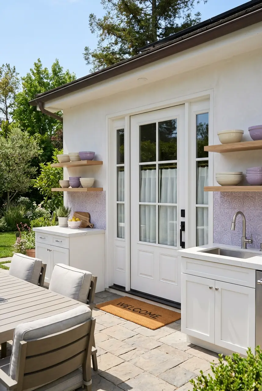 Transitional Kitchen with White French Patio Doors and Cafe Curtains — Luxury Version