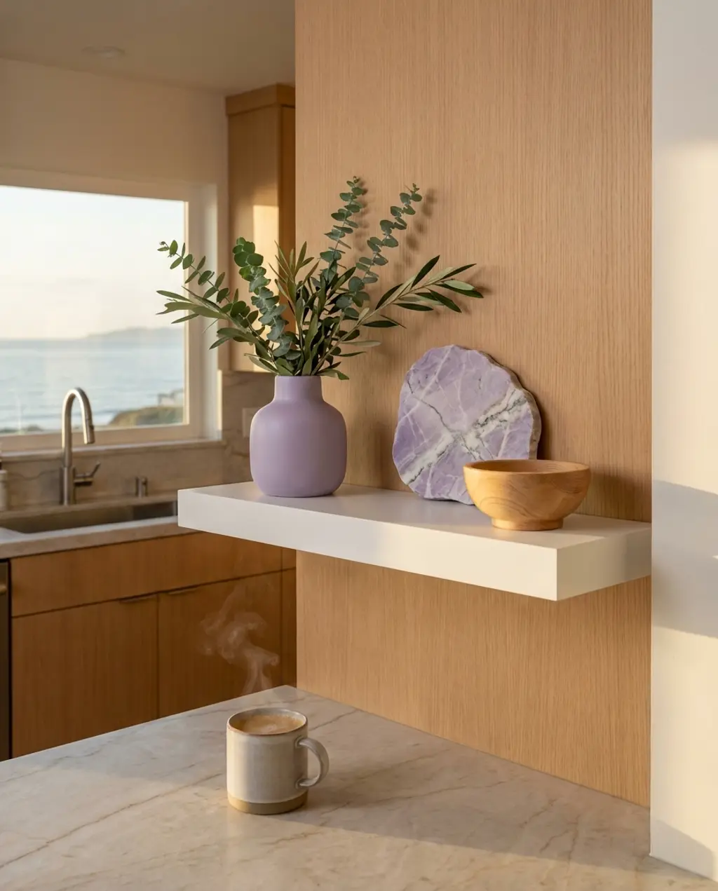 Modern Spring Kitchen Shelf Styling with Delicate Greenery