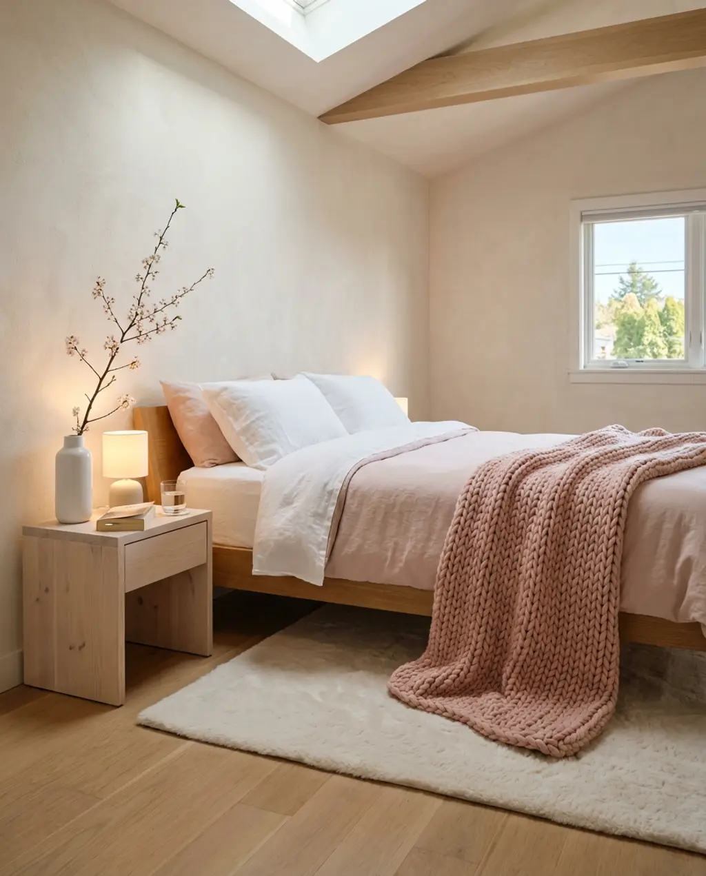 Cozy Nordic Spring Bedroom with Sheepskin & Pale Wood