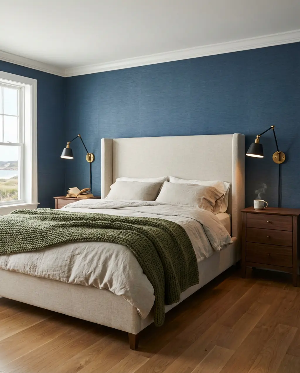 Deep Blue Textured Wallpaper for a Serene Primary Bedroom