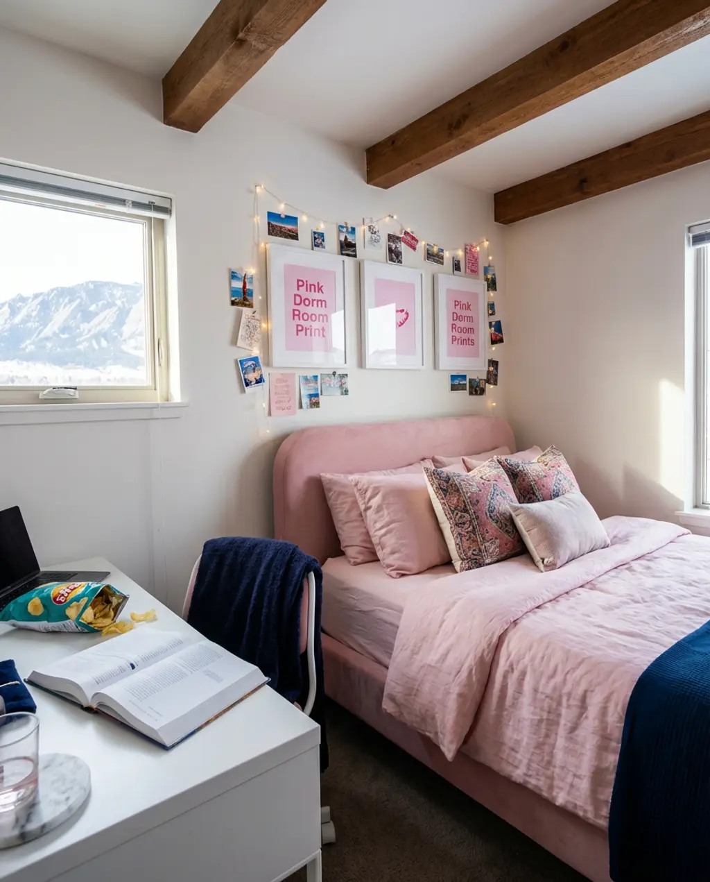 Pink & Playful Dorm Room with Gallery Wall