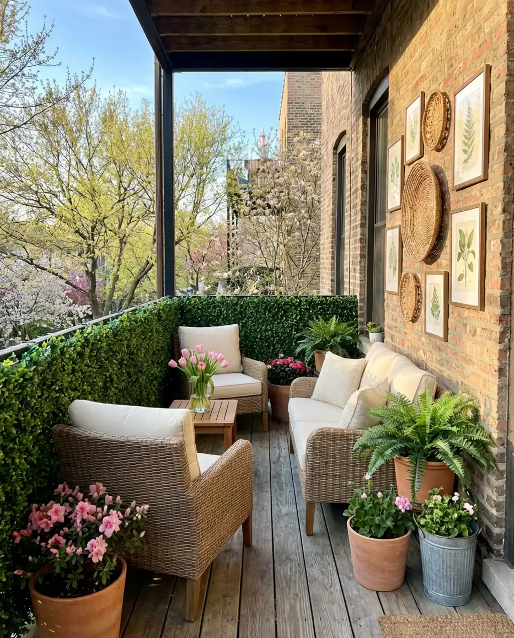 Small Balcony with Privacy Hedge & Outdoor Gallery Wall