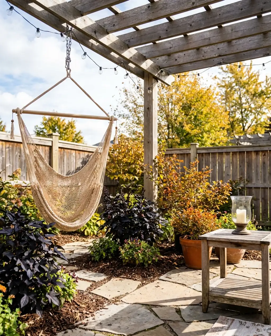 Cozy Small Garden Nook with Hammock Chair & Fairy Lights