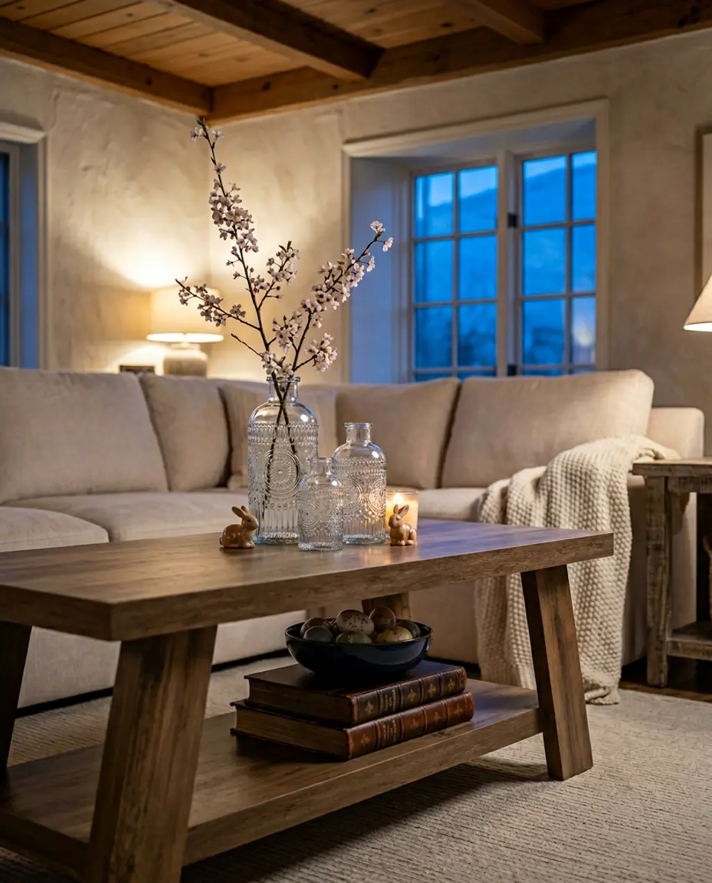Farmhouse Easter Living Room with Tiered Coffee Table