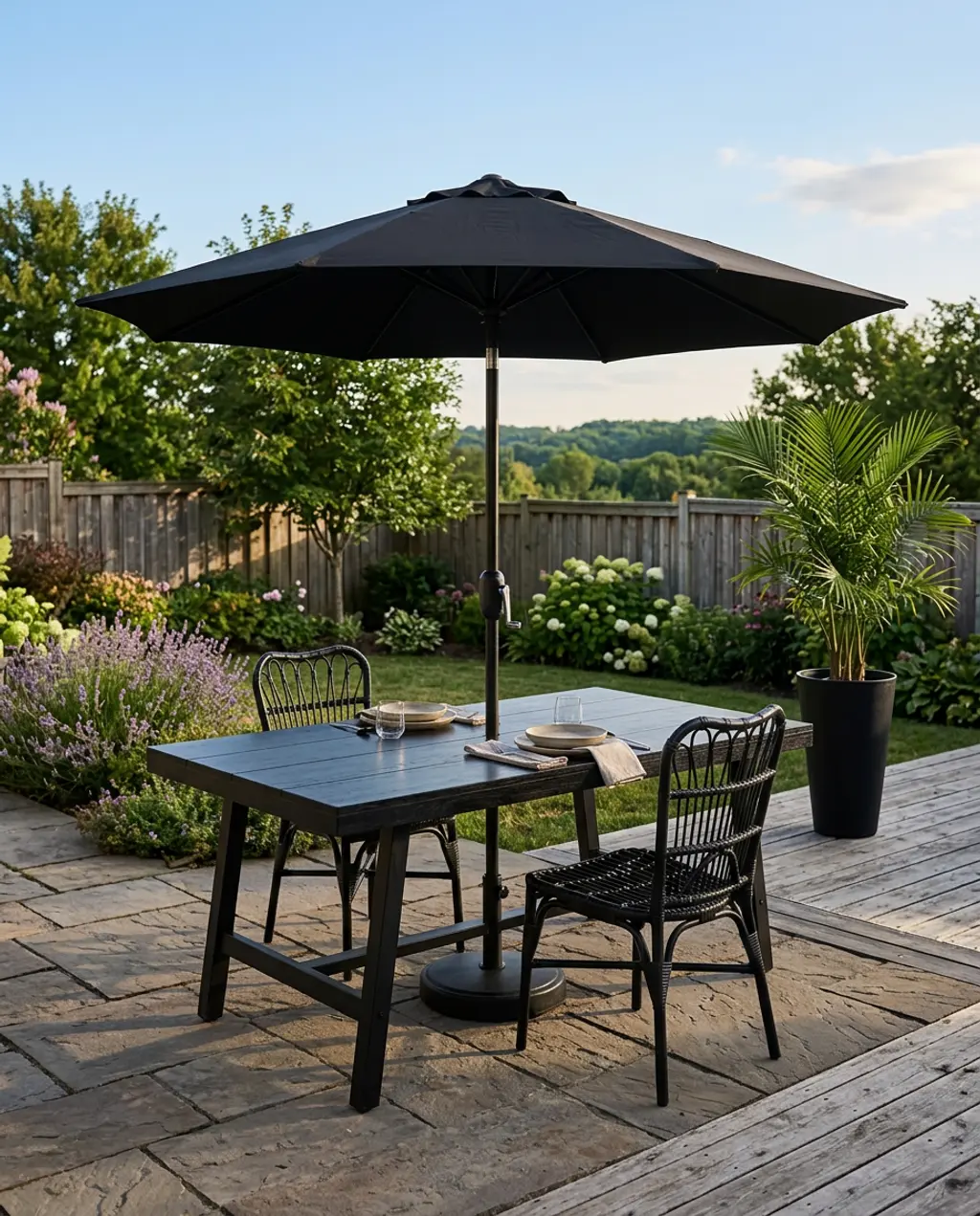 Outdoor Dining Set with Umbrella, Featuring Black Frame and Wood Top