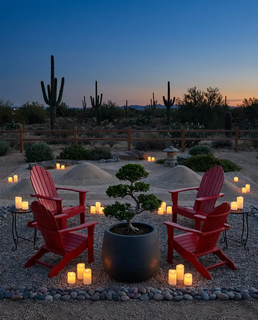 Zen Garden with Lanterns & Evening Ambiance
