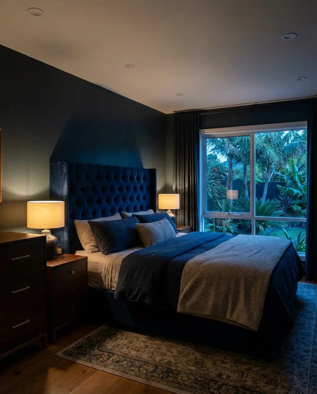Moody Spring Bedroom: Deep Blues and Rich Textures