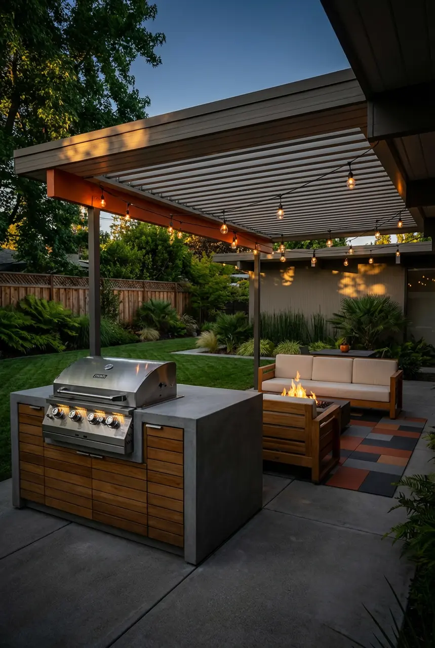 Mid-Century Modern BBQ Patio with Flat Roof
