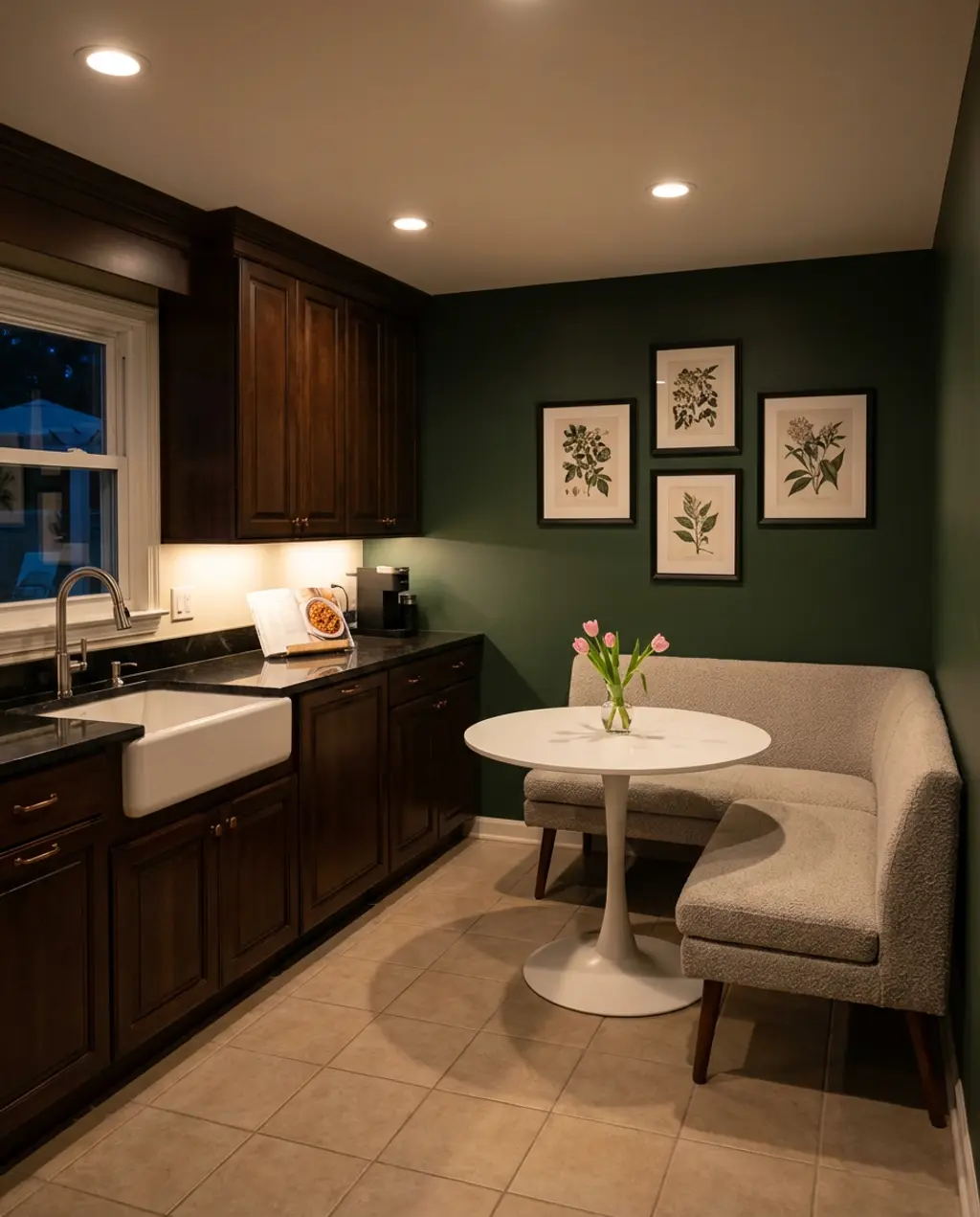 Compact Dark Wood Kitchen with Breakfast Nook