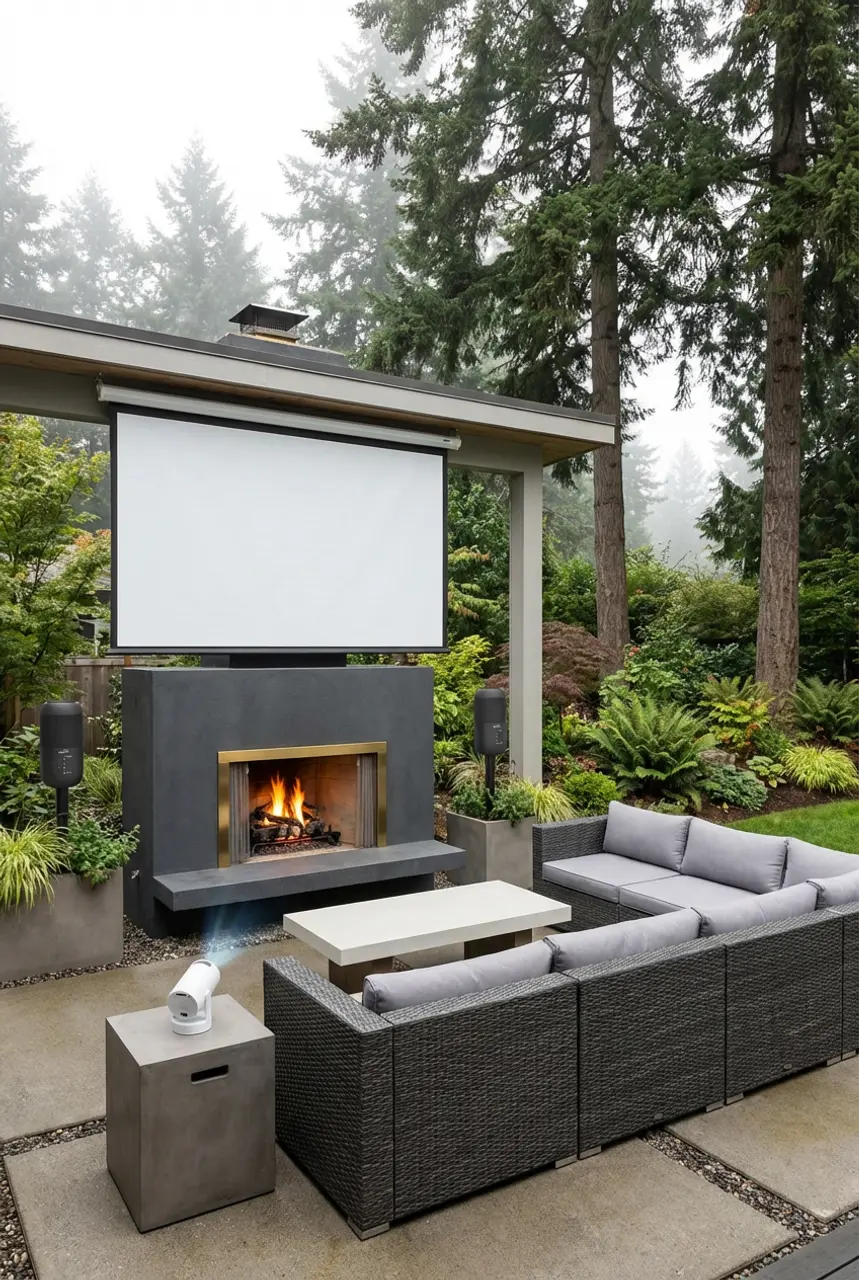 Backyard Entertainment Hub with Concrete Fireplace and Projector Screen