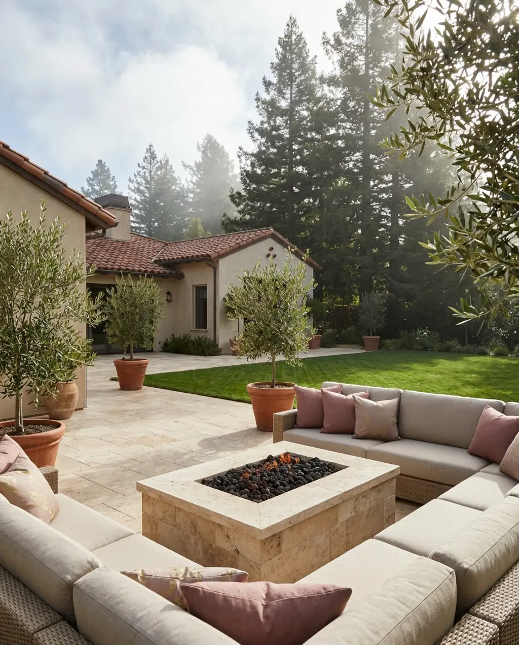 Sophisticated Travertine Tile Fire Pit Patio