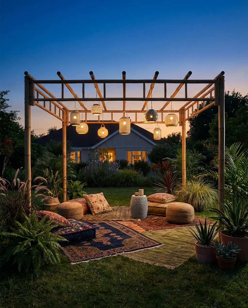 Bamboo Pergola with Hanging Lanterns for Evening Glow